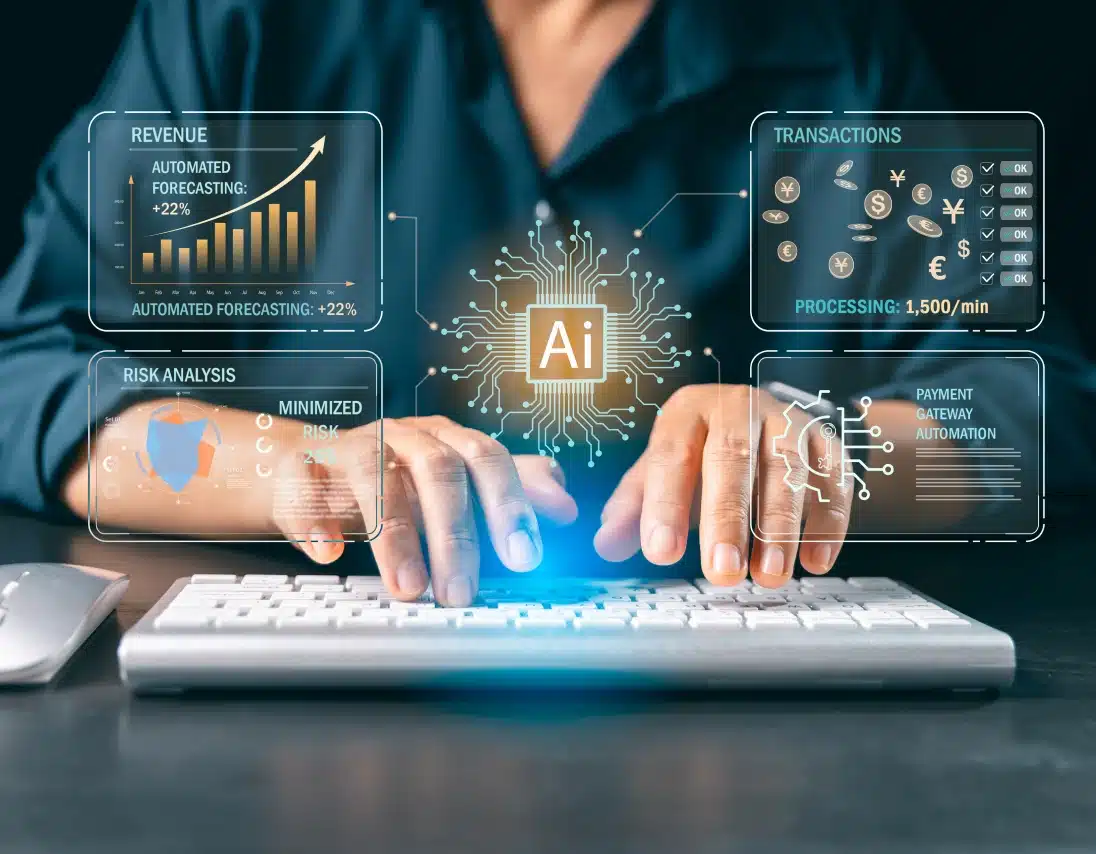 Professional using an AI-powered analytics dashboard showing revenue forecasting, transaction processing, and risk analysis